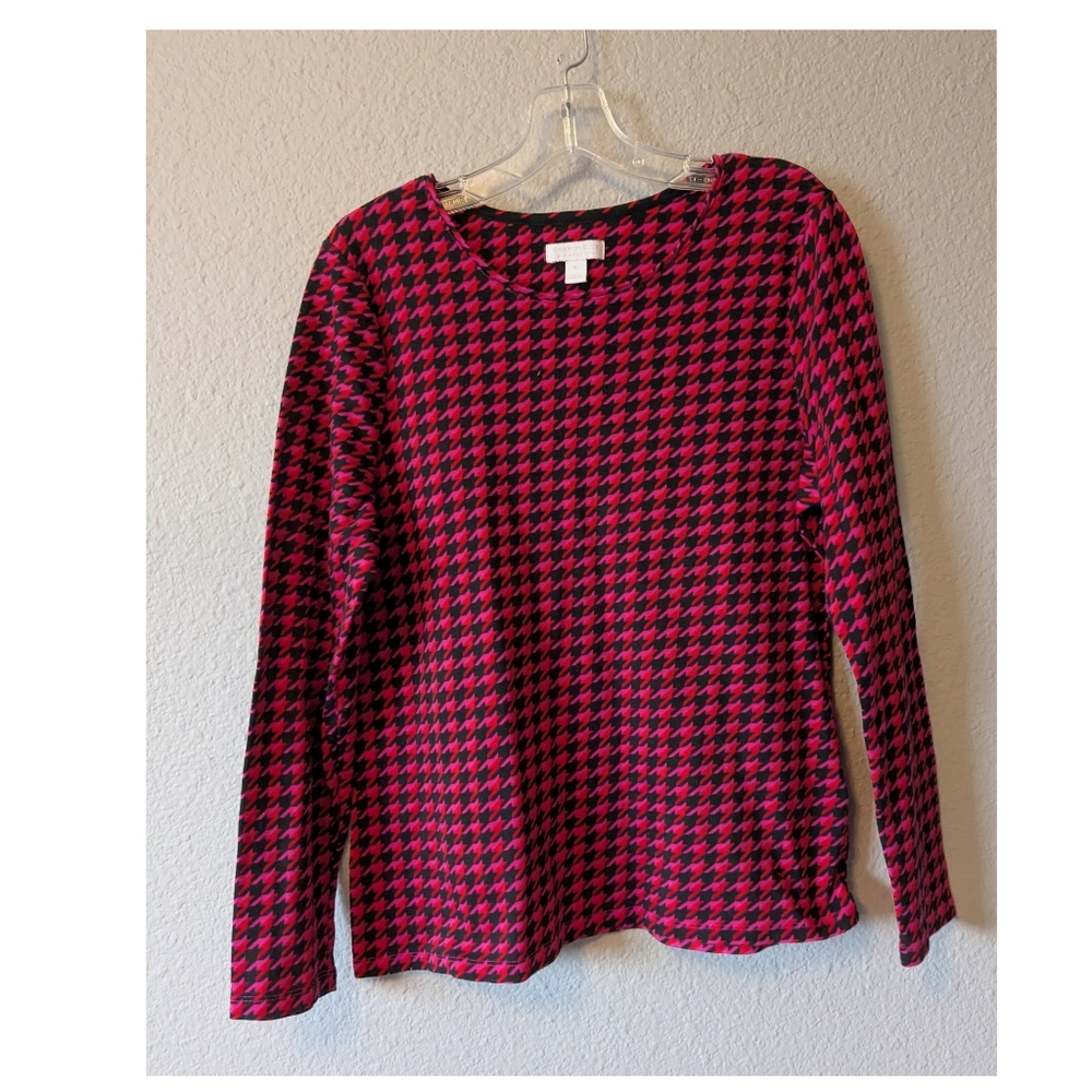 Charter Club Red and Black Houndstooth Long Sleeve Cotton Top